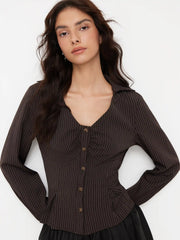 V-Neck Striped Ruched Front Blouse