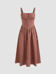 Cotton-blend Square Neck Gingham Maxi Dress