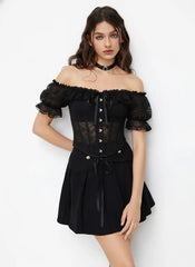 Lace Off-shoulder See-through Lace Up Corset Blouse