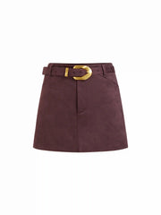 Suede Mid Rise Metal Detail A-line Mini Skirt With Belt