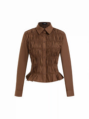 Cotton-blend Collar Shirred Ruffled Hem Blouse