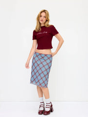 Mesh Plaid Mid Rise Bowknot Midi Skirt