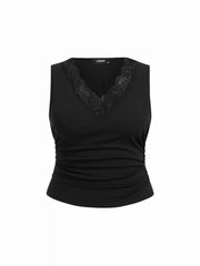 Cotton-blend V-neck Ruched Lace Trim Tank Top Curve & Plus