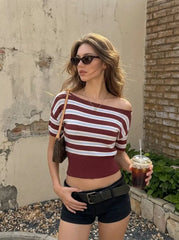 Knit Stripe Asymmetrical Neck Short Sleeve Top