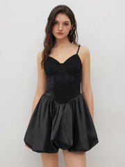 Satin Sweetheart Floral Lace Trim Bubble Hem Mini Dress