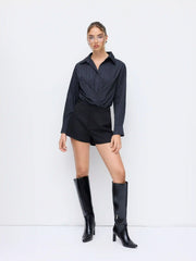 Striped Collar Long Sleeve Wrap Shirt Bodysuit