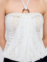 Textured Lace Halter Neckline O-Ring Draped Longline Top