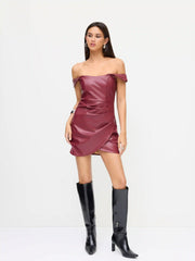 Faux Leather Off-shoulder Wrap Ruched Mini Dress