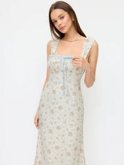 Plisse Floral Square Neck Bowknot Lace Trim Mermaid Midi Dress