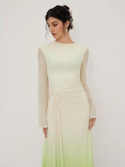 Mesh Asymmetrical Neck Gradient Twist Ruched Maxi Dress