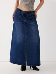 Stretch Denim Low Rise Split Maxi Skirt