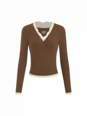 Cotton-blend V-neck Lace Panel Long Sleeve Top