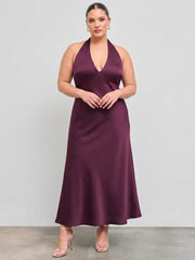 Satin V-neck Backless & Bowknot A-line Maxi Dress Curve & Plus