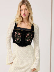 Velvet Square Neck Floral Embroidery Lettuce Trim Jacket Vest
