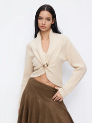 Knit V-neck Long Sleeve Twisted Crop Top