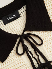 Knit Crochet Polo Collar Tie Front Bow Contrasting Binding Hollow Out Cardigan