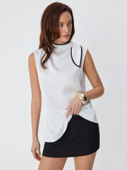 Satin High Neck Contrast Trim Sleeveless Blouse
