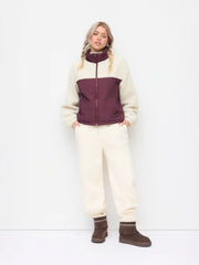 Fleece Stand Collar Colorblock Faux Fur Trim Oversized Jacket