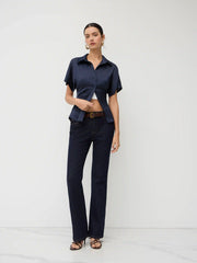 Satin Polo Button Up Cinched Waist Shirt