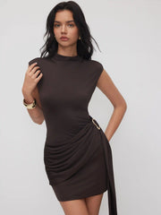 High Neck Metal Detail Ruched Mini Dress