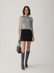 Chiffon Asymmetrical Neck Scarf Detail Sleeveless Bodysuit