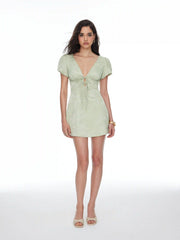 Jacquard V-neck Puff Sleeve Tie Front A-line Mini Dress