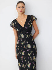 Chiffon Floral V-neck Ruffle Sleeve Lace Trim A-line Maxi Dress