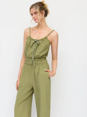 Cotton Scoop Neck Shirred Bowknot Mid Rise Wide Leg Jumpsuit