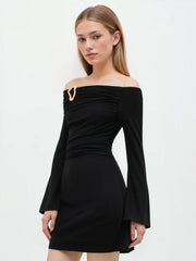 Off-Shoulder Bell Sleeve Hook Ruched Mini Dress