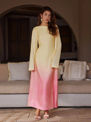 Satin Boat Neck Pierced Gradient Maxi Dress