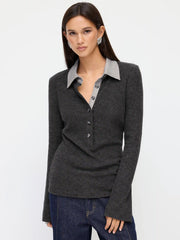 Two Tone Collar Long Sleeve Button Top