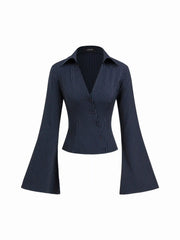Stripe Collar V-neck Bell Sleeve Asymmetrical Button Shirt