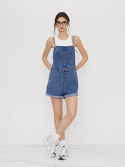 Denim Drawstring Knotted Roll Hem Romper