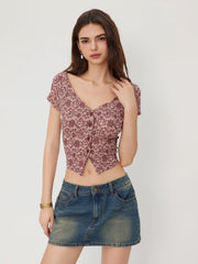 Off-shoulder & V-Neck Floral Button Through Top