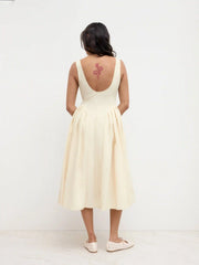 Linen-blend Boat Neck Ruffle Backless Midi Dress