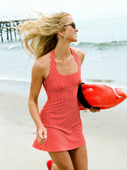 Cotton-Blend Striped Halter Neckline Backless A-Line Mini Dress