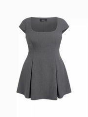 Woven Square Neck Pleated A-line Mini Dress Curve & Plus