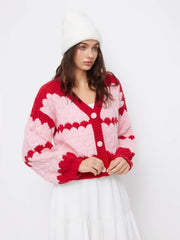 Knit Crochet V-neck Two Tone Oversized Cardigan