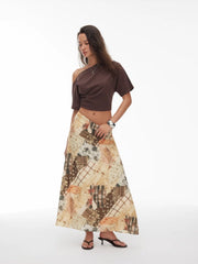 Abstract Patchwork Print Mid Rise Flared Maxi Skirt