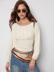 Boat Neck Ruched Puff Long Sleeve Blouse