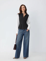 Color-Blocking Lantern Sleeve Cinched Waist Shirt