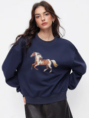 Cotton-blend Horse Graphic Round Neckline Oversized Sweatshirt