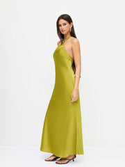 Satin Halter Neckline Metal Detail Backless Maxi Dress