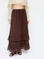 Chiffon Mid Rise Drawstring Ruffled Tiered Maxi Skirt