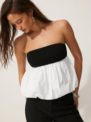 Cotton Color-Blocked Bubble Hem Crop Top