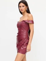 Faux Leather Off-shoulder Wrap Ruched Mini Dress
