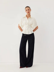 Chiffon Polka Dot Ruched Cinched Waist Batwing Sleeve Blouse