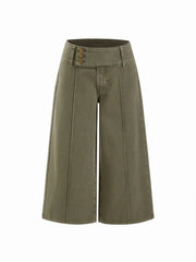 Washed Denim Low Rise Metal Detail Wide Leg Capri Jeans