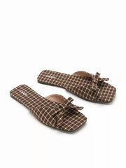 GINGHAM & BOWKNOT SQUARE TOE SANDALS