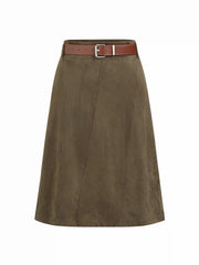 Suede Mid Rise A-line Midi Skirt With Belted